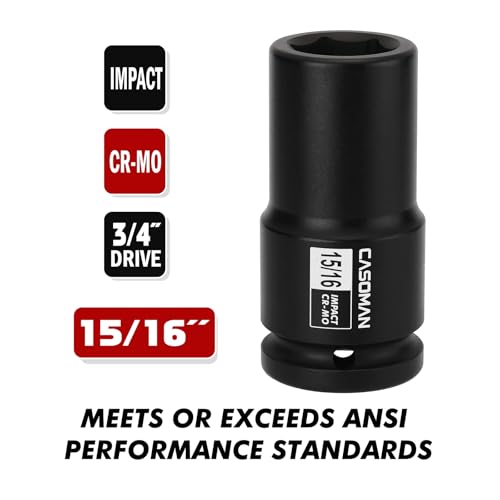 Image of CASOMAN 3 /4 inch Drive Deep 6 PT Impact Socket-15 /16 inch, CR-MO, 3 /4-inch Drive 6 Point Axle Nut Socket for Easy Removal of Axle Shaft Nuts (15 /16 inch)