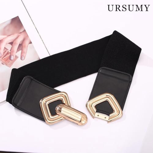 Ursumy Women Wide Elastic Waist Belt Fashion Square Gold Buckle Belts for Dresses Vintage Stretchy Ladies Belt3
