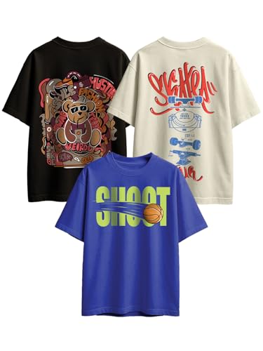 Image of Veirdo Pure Cotton Oversized Loose Fit Round Neck Cool Graphic Printed Half Sleeve T-Shirt Combo for Boys (Pack of 3)