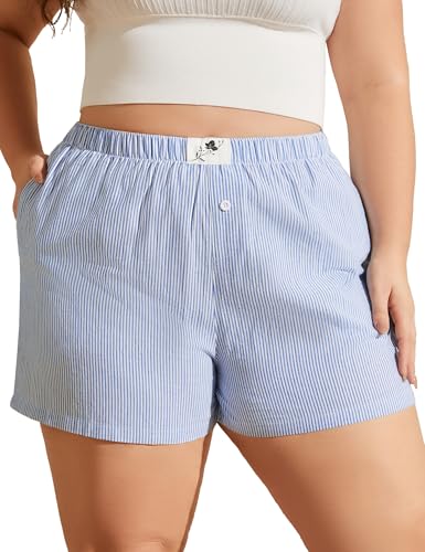 Image of COOTRY Plus Size Women Boxer Shorts Cotton Plaid Gingham Shorts Casual Pajama Sleep Shorts Y2K Beach Bottoms