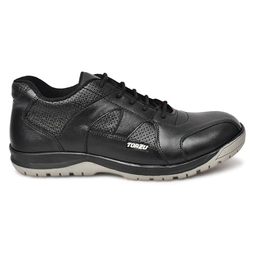 Image of Safety Shoes, Black Leather with Perforated Design, Anti-Slip Work Footwear