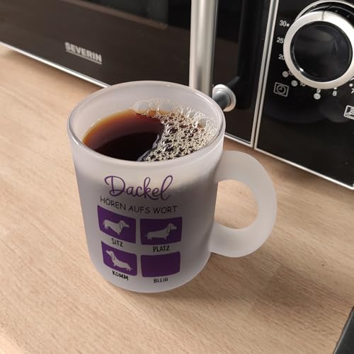 Dackel Liebe - Dackel Glas Tasse Humorvoller Glas Tasse mit Dackel Silhouette - Sitz Platz Komm Bleib Positionen und viel Liebe für Tierfreunde