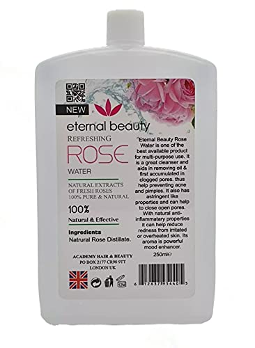 Rose Water 100% Natural Extracts of Fresh Roses Pure & Refreshing Facial Toner Skin Hydration Mist Suitable for Face Hair & Body 250ml by Eternal Beauty