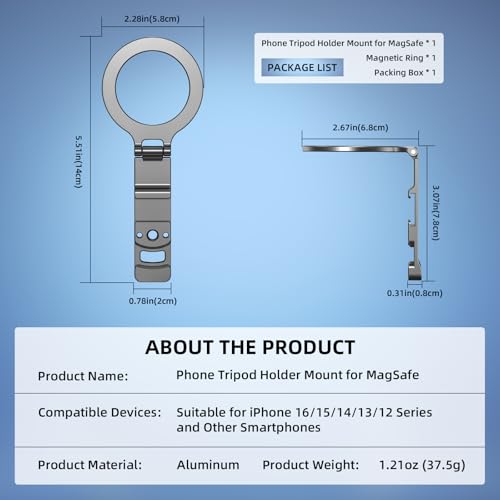 BRDRC MagSafe用携帯電話三脚ホルダーマウント アルミニウム磁気マウントアダプター 1/4インチネジ穴付き、コールドシュー iPhone 16 15 14 13シリーズ用 Samsung用 Googleアクセサリー用 の商品画像 8