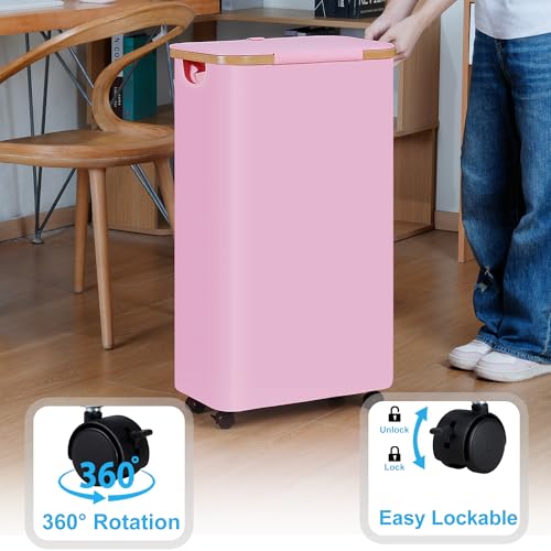 Image of efluky Slim Laundry Basket with Wheels, Narrow Rolling Laundry Hamper with Lid and Removable Bag, Tall Aesthetic Dirty Clothes Hamper on Wheels for Laundry Room, Bedroom, Dorm and Bathroom, 75L Pink