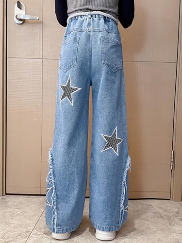 JEYPINMI Girls Straight Wide Leg Denim Pants Elastic Waist Baggy Jeans Relaxed Fit Casual Trousers4