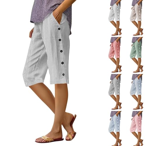 Bermuda Shorts for Women Knee Length Long Striped Linen Shorts Drawstring Elastic Waist Pinstripe Wide Leg Capri Pants Lightweight Summer Beach Capris with Pockets Linen Striped Pants Pedal Pushers