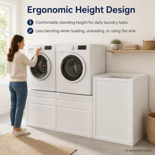 Image of 1300LBS Laundry Pedestal with Laundry Basket for Washer and Dryer | Washing Machine Stand Base Raiser with Washbasin Cabinet,White, 3PCS