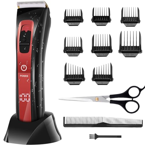 Tondeuse Cheveux Hommes Professionnelle, Tondeuse à Cheveux Électrique sans Fil, Lame en Céramique et Titane, 8 Sabots Inclus, 4 Réglages de Précision, Écran LCD, Convient pour Cheveux, Barbe, Corps