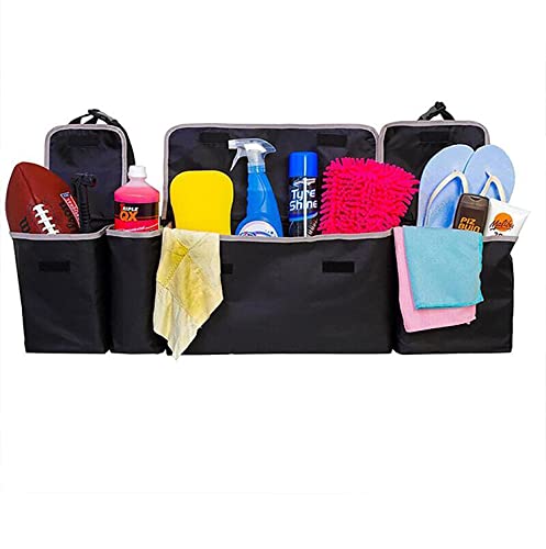 Image of House of Quirk Trunk Storage Organizer Car Travel Storage Bag 4 Compartment Multi Pocket Car Trunk Organizer Car Holders for SUV,Truck,Auto,Minivan (Black, Oxford Fabric), Clothing