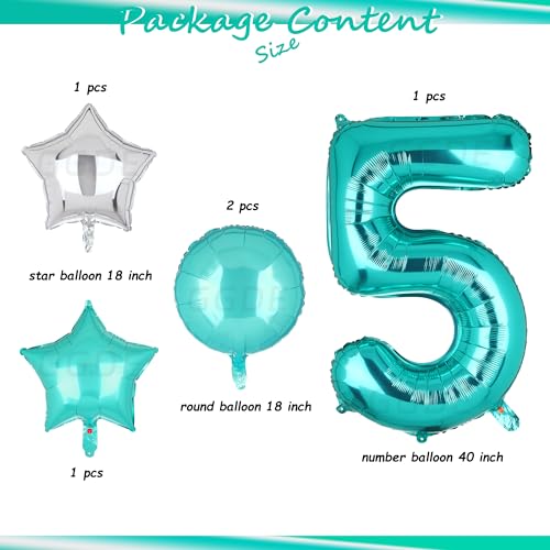 Image of Teal Blue Number 5 Balloons 40 Inch 5th Birthday Mermaid Theme 5 Pcs | Big Helium Mylar Digital Balloon Anniversary Wedding Party Decor Supplies