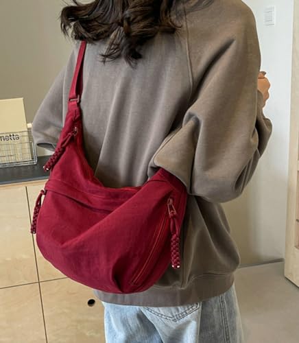 Image of Hobo Bag for Women Men Crescent Shoulder Bag Retro Nylon Canvas Crossbody Bag Slouchy Corduroy Dumpling Bag Purse