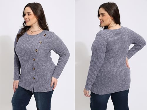Image of RITERA Plus Size Sweater, Ribbed Long Sleeve Solid Top for Women | Soft vertical ribbed knit, modest V neck, loose long sleeves, curved swing hem, slimming casual layering top for curvy women