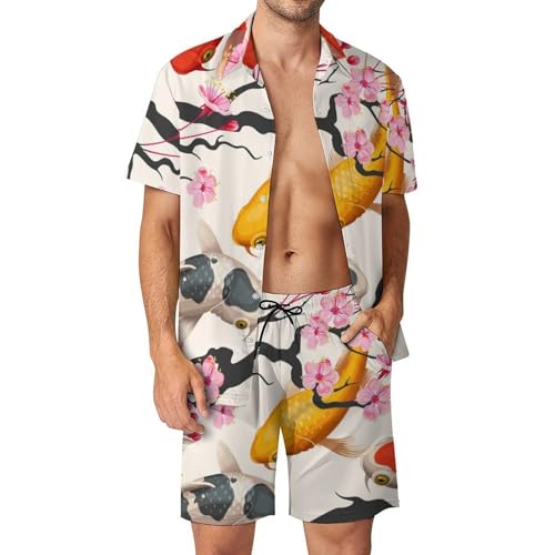 Chemise Hawaïenne Homme Fleur de Poisson Rouge ensemble 2 pièces short pantalon plage d'été S