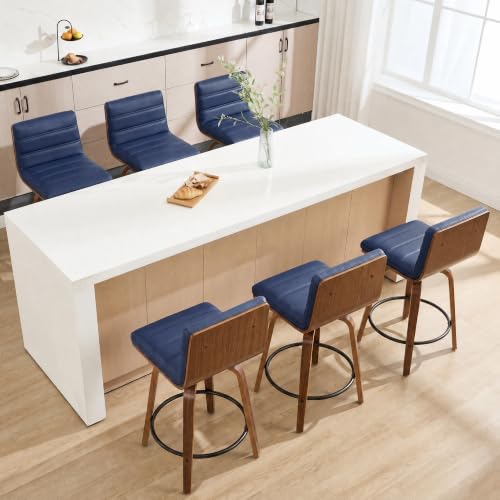 Image of Swivel Bar Stools Set of 6,26 inch Faux Leather Counter Height Barstools with Back,Mid Century Modern Upholstered Bar Chairs with Bentwood Legs Island Stools for Kitchen Counter Darkblue