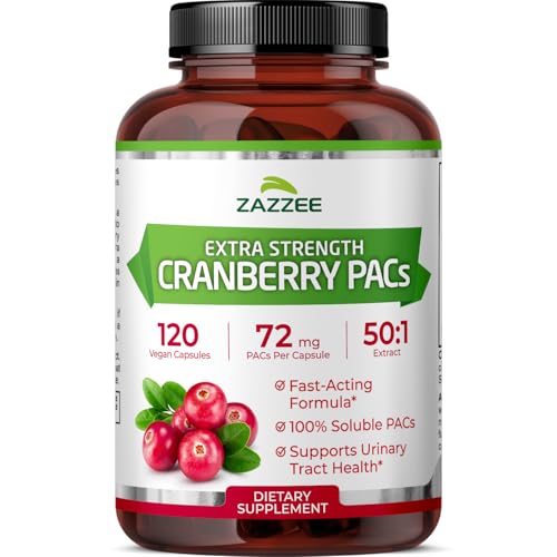Zazzee Cranberry PACs, 72 mg PACs per Capsule, 2X Strength, 100% Soluble, 120 Vegan Capsules, 50:1 Extract, 18,200 mg Strength, Fast-Acting, Effective Urinary Tract UTI Support, Made in The USA