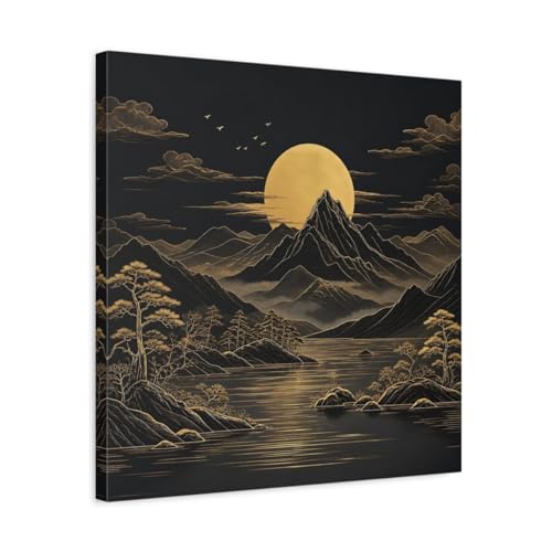 Toile imprimée noir et or déco salon tableau carré lune montagne 50x50