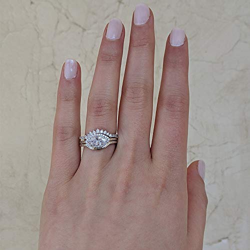 TwoBirch 18k White Gold Microplated East West Marquise Three Ring Bridal Set with Plain Contour Band and Tiara Prong Style Curved Ring (925 Silver, Sizes 7, 8, 9)3