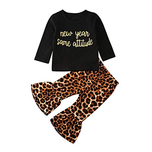 Newborn Infant Baby Girls Clothes Ruffle Long Sleeve Solid T-Shirt Tops+Cheetah Pants Autumn Clothes Outfits (Black 11, 0-6 Months)