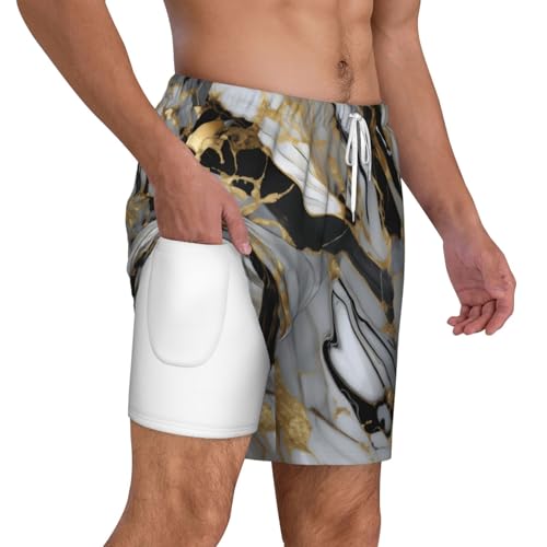 Men's Luxury Marble Pattern Print Quick-Dry Mesh Swim Trunks Stretch Lining Beach Shorts Surfing Summer Vacations