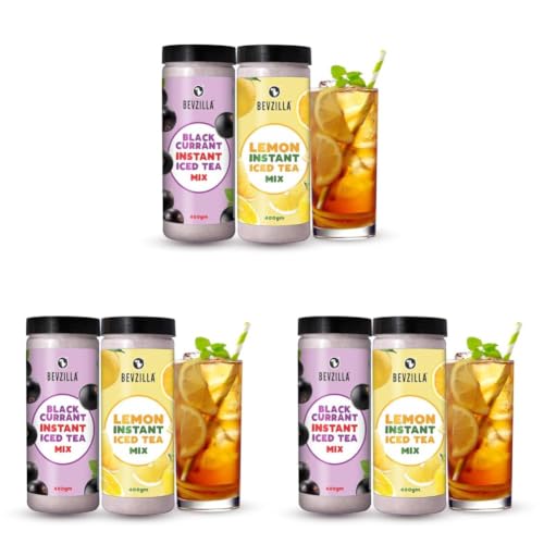 Image of Bevzilla Blackcurrant & Lemon Instant Ice Tea Powder - 400g x 2 | Refreshing Summer Flavor Iced Tea Drink| Instant & Easy to Prepare (Pack of 3)