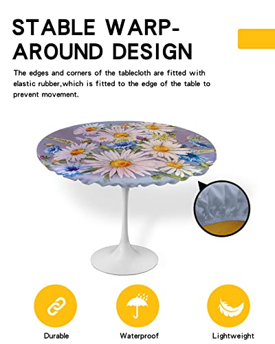 Daisy Flower Round Waterproof Table Cover Fitted Tablecloth, Wipeable Fabric Elastic Table Cloth Oil-Proof Tablecover for Indoor Outdoor Picnic Party, Modern Minimalist Painting Aesthetics Art 55