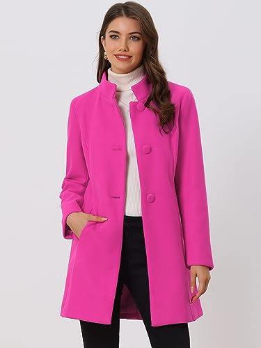 Allegra K Damen Wintermantel Mid-Long Stehkragen Einreiher Mantel Oberbekleidung, Knallpink (Hot Pink), M