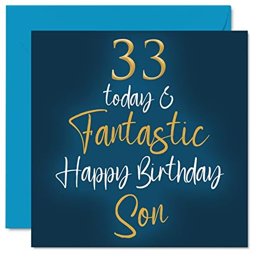 Stuff4 Fantásticas tarjetas de cumpleaños número 33 para hijo – 33 Today & Fantastic – Tarjeta de feliz cumpleaños para hijo de mamá o papá, regalos de cumpleaños de hijo, tarjetas de felicitación de