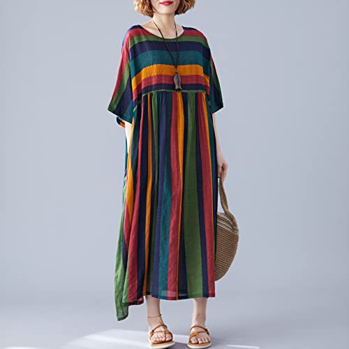 Mingzhe Vestido feminino de algodão de linho vintage listrado estampa oco meia manga pocekt plus siz