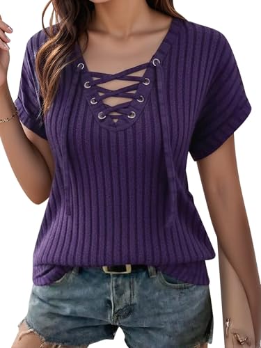Flamingals Women's Criss Cross V Neck Summer Tops 2026 Cap Sleeve Rib Knit T Shirts Summer Clothes Fashion Purple S