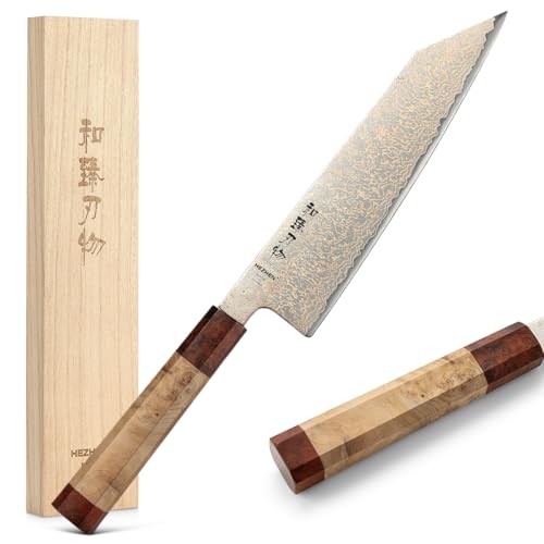 HEZHEN Kiritsuke Chef Knife,8.3 Inch, 37 Layers Tricolor Copper Damascus