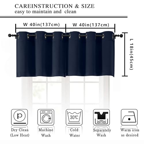 Image of Simplebrand Navy Blue Kitchen Valances for Windows 18 Inches Long 2 Pack, Room Darkening Window Valances for Living Room, Grommet Short Straight Drape Kitchen Curtains for Bedroom Kids Room, 40Wx18L