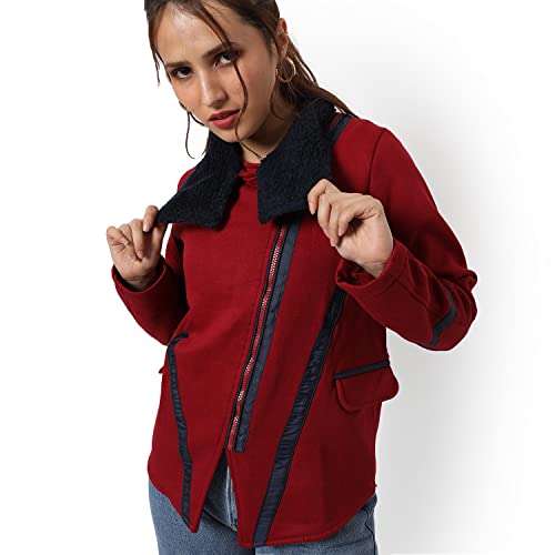 Image of Campus Sutra Women Maroon Solid Regular Fit Cotton Jacket For Winter Wear | Collar Neck | Full Sleeve | Zipper | Casual Jacket For Woman & Girl | Western Stylish Jacket For Women