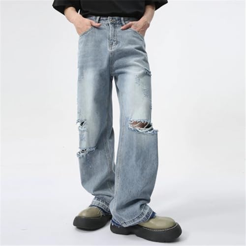 Men's Straight Jeans Worn-Out Hole American Style Wide Leg Denim Pants3