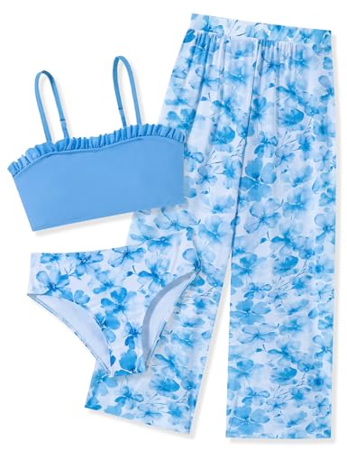 Image of Vogseek Teens Blue Flower Bathing Suits for Girls Size 14 16 3pcs Beach Bikini Swimsuits Teen Girl Fun 3D Printed Lightweight Cover-ups Swim Suit Tankinis 15 16 Year Junior Matching Swimming Swimwear