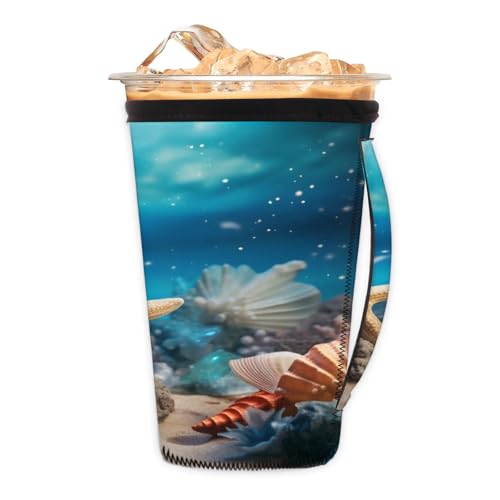 Beautiful Ocean Starfish Shells Reusable Neoprene Coffee Sleeve with Handle Insulated Iced Coffee Cup Holder Reduces Condensation Fits 24-28 oz Cups M