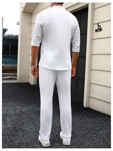 Men's 2 Piece Outfits 3/4 Sleeve Button Down Shirts and Drawstring High Waisted Pants Set Tracksuits2