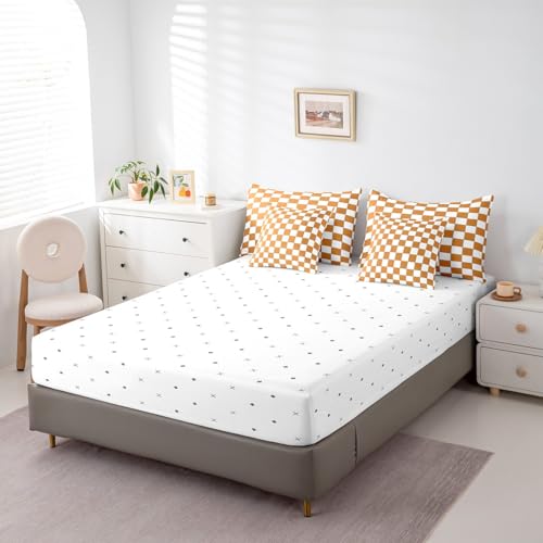 Image of Erosebridal White Orange Checkered Queen Bedding Set 7 Piece Buffalo Plaid Grid Comforter Set with Sheets,Checkerboard Bed in A Bag for Kids Adults Men Women Aesthetics Gingham Bed Set