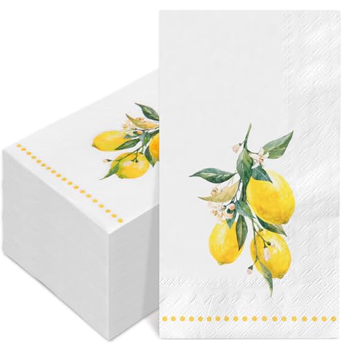 FYSUIMU 50 Pcs Lemon Guest Napkins Paper Disposable Napkins Watercolor Yellow Lemon Flower Citrus Fruit Dinner Hand Towel for Bathroom Summer Birthday Party Table Supplies
