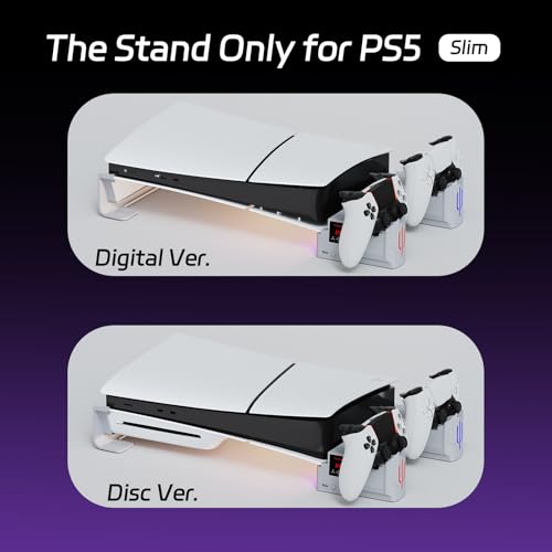Hosanwell PS5 Slim - Soporte Horizontal para PS5 Slim Disc & Digital, Cargador de Controlador Dual con luz RGB multimodo y Ventilador de refrigeración de 3 Niveles, Color Blanco - imagen 6