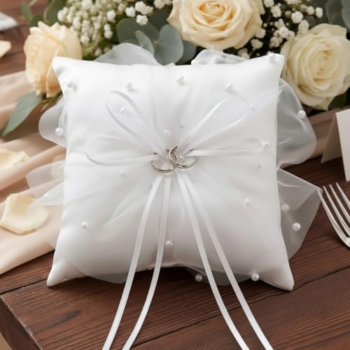Fuutreo Wedding Ring Pillow 7.87 Inch Tulle Pearl Ivory Ring Bearer Pillow with Satin Bowknot Rings Cushion Holder for Wedding Proposal Ceremony Party Anniversary