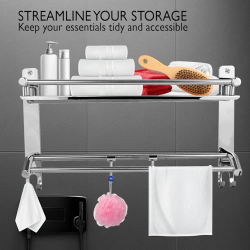 Image of Zureni 2-in-1 Shelf Rack for Bathroom 304 Grade Stainless Steel Towel Hanger with Multiple Hooks Multipurpose Wall Mount Accessories Storage Stand Home Washroom (Pack of 1)