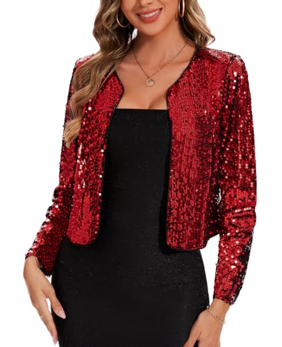 Image of MINTLIMIT Women's Sequin Jacket Long Sleeve Open Front Sparkly Shrugs Glitter Cropped Bolero Cardigans