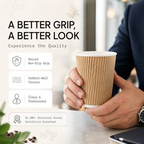 Image of NYHI 150 10 oz Ripple Kraft Paper Cups Brown Hot Cold Cups 3 Layer Rippled Small Insulated Disposable Coffee Cups for Cappuccino Hot Cocoa or Iced Drinks