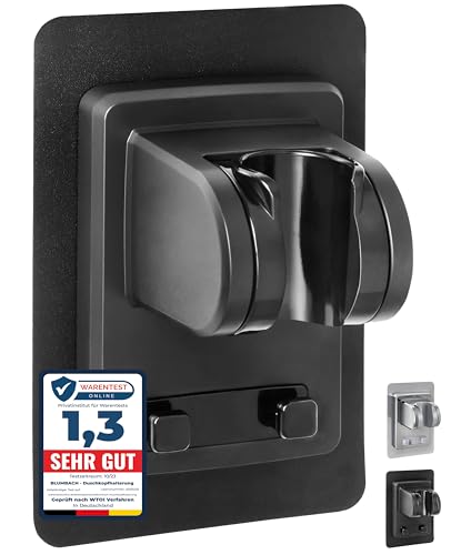 BLUMBACH® Duschkopfhalterung ohne Bohren - DAS ORIGINAL - Duschhalterung kleben statt Bohren - Neigung verstellbar, schwarz, Duschkopf Halterung, Shower head holder mit extra starkem Klebepad