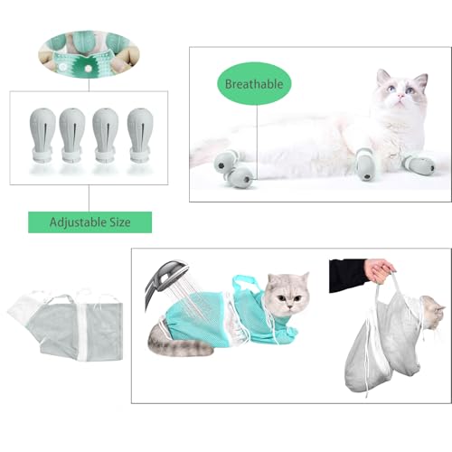 Image of Anti-Scratch Silicone cat Shoes,Cat Claw Covers,Adjustable Multifunctional Anti-Bite Shower net Bag,Cat Grooming Mesh Bag,Cat Bathing Bag(Grey-2)