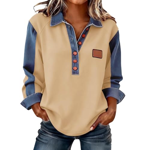 Lovraj Sudadera de manga larga para mujer, diseño de patchwork, con solapa, parte superior con botones