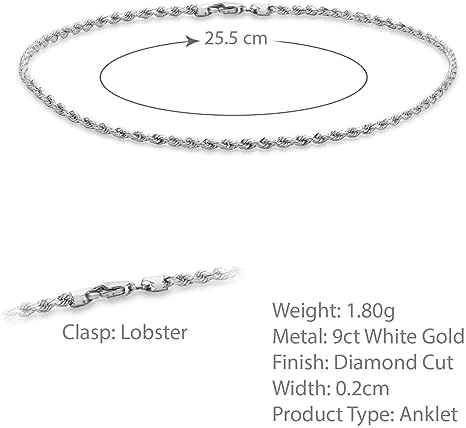 Cavigliera Donna Oro Bianco 9 Carati – Maglia Belcher, Lunghezza 25.5 Cm, Cava, Eleganza Italiana