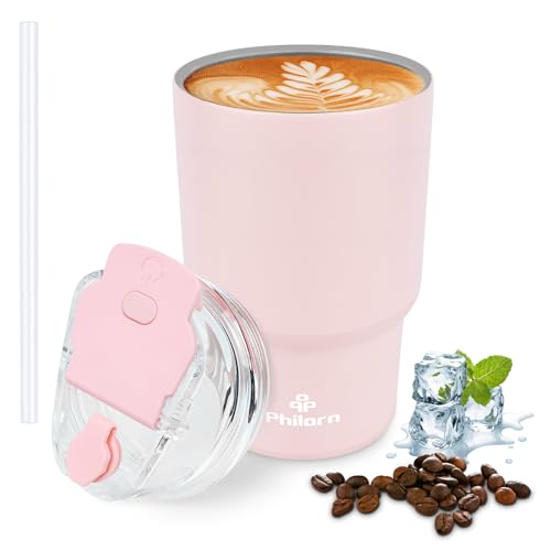 Philorn Thermobecher Kaffee to go, 14OZ/400ml mit Doppelwand, Wiederverwendbarer Kaffeebecher mit Deckel & Strohhalm, Rosa Coffee to go Becher für Heiße und Kalte Getränke Philorn Thermobecher Kaffee to go, 14OZ/400ml mit Doppelwand, Wiederverwendbarer Kaffeebecher mit Deckel & Strohhalm, Rosa Coffee to go Becher für Heiße und Kalte Getränke