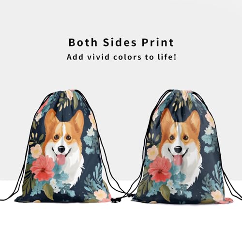 Image of Nerxy Floral Corgi Gymnastics Grip Bag - Corgi Dog Drawstring Grip Bags Puppy Shoe Bag Flowers Gym Drawstring Storage Pouch for Sports Party Favors